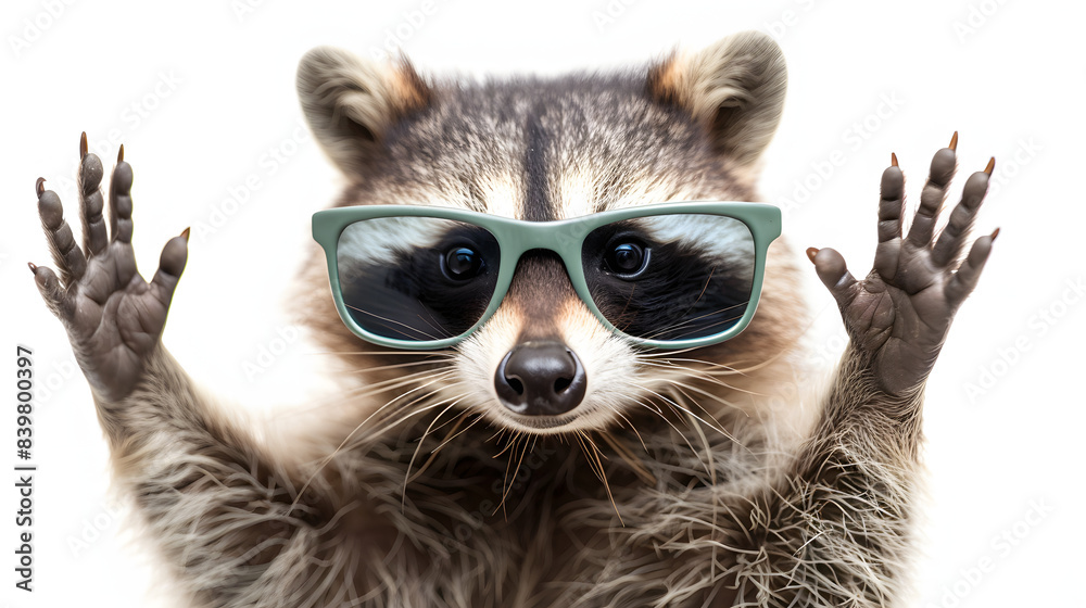 Funny raccoon in green sunglasses. isolated on white