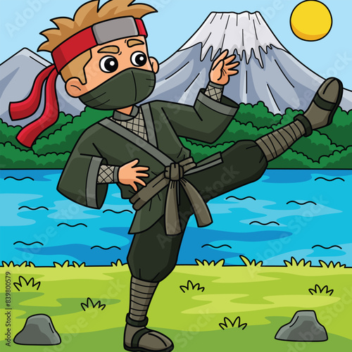 Ninja Doing Martial Arts Colored Cartoon I