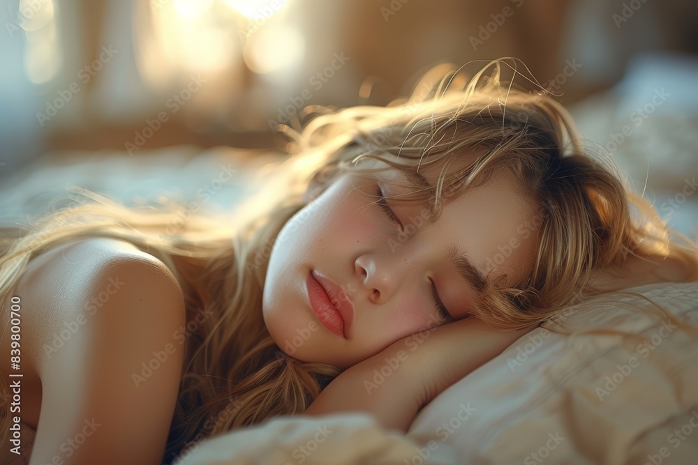 A serene scene capturing a peaceful woman sleeping on a sunlit bed, highlighting the gentle rays of light and the calm, restful ambiance of the moment A serene scene capturing a peaceful woman sleeping on a sunlit bed, highlighting the gentle rays of light and the calm, restful ambiance of the moment