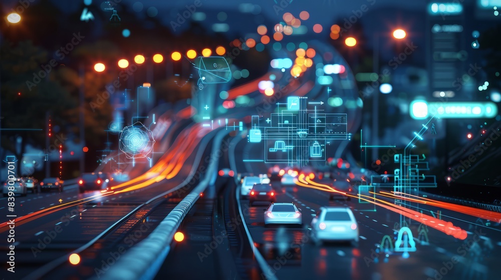 Application of digital twin technology in traffic management, showing icons representing vehicles on roads with holographic images connecting them to data points 