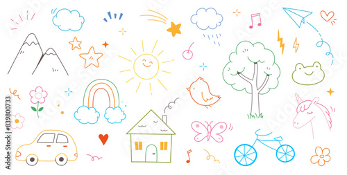 Kid cute doodle set. Cute sun, house, tree kid doodle sketch style vector. Hand drawn sun, car, rainbow elements. Funny children pen outline flower, bird, butterfly. Vector illustration.