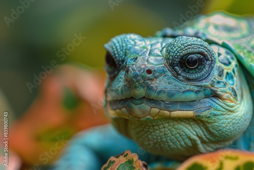 Close-up of a vividly colored reptile with intricate textures and patterns on its skin  surrounded by a blurry natural background with multicolored leaves