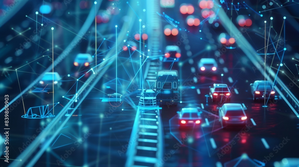 Application of digital twin technology in traffic management, showing icons representing vehicles on roads with holographic images connecting them to data points 