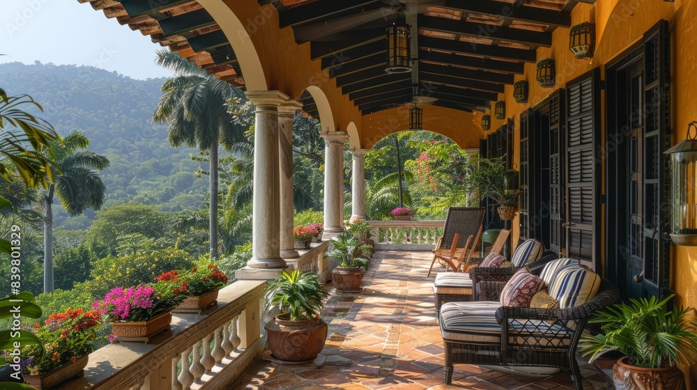 Obraz premium A beautiful, sunlit veranda with comfortable seating, surrounded by lush tropical plants and scenic mountain views in a serene, luxury setting