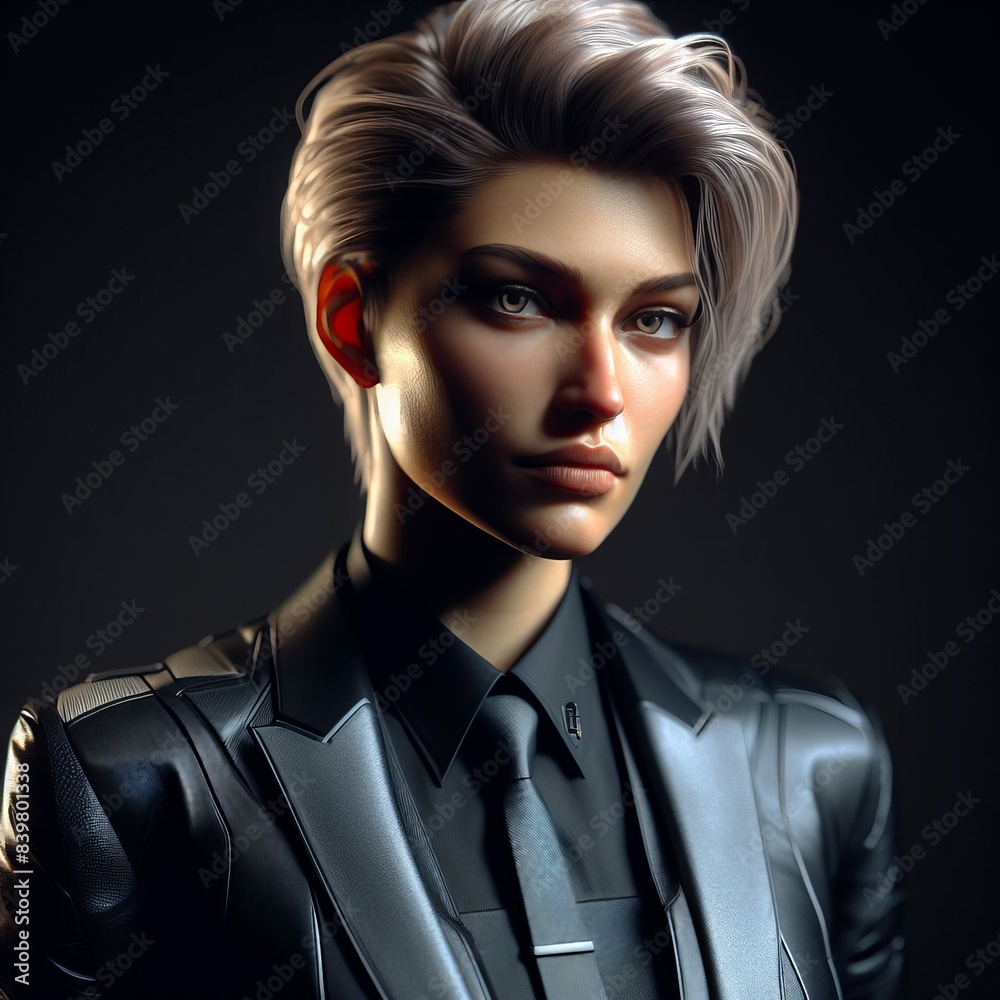 Studio glamour: Woman posing with gun in black suit, showcasing beauty, fashion, and sensuality Studio glamour: Woman posing with gun in black suit, showcasing beauty, fashion, and sensuality