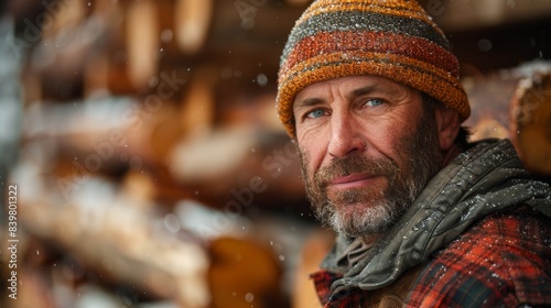 A ruggedly bearded man in a colorful knitted hat and warm flannel shirt stands outside, surrounded by snow-covered logs, exuding a sense of resilience and outdoor lifestyle