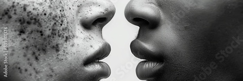 A black and white close-up photograph depicting the contrasting textures and features of two individuals' noses and lips facing each other photo