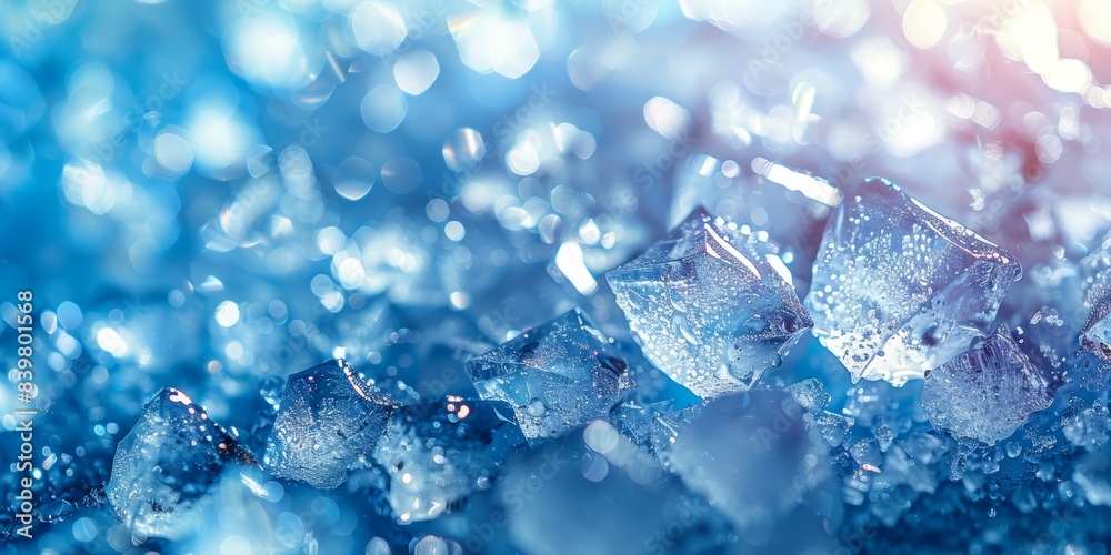 A beautiful and artistic close-up of ice cubes with a sparkling, bokeh background, showcasing the intricate details and clarity of the frozen crystals A beautiful and artistic close-up of ice cubes with a sparkling, bokeh background, showcasing the intricate details and clarity of the frozen crystals