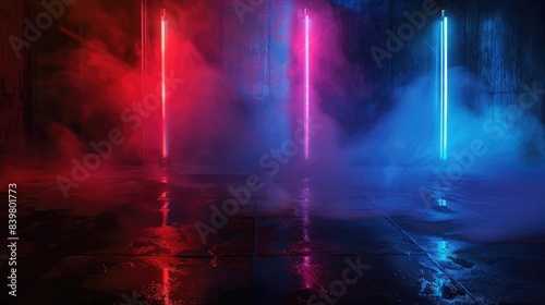 Dark background of the street, thick fog, spotlight, blue and red neon. Abstract background with neon lights, night view.