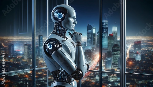 Humanoid robot pondering while looking at cityscape through large windows. Futuristic concept. Artificial intelligence and robotics for design and print. Night city view.