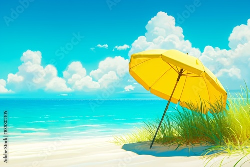 Yellow umbrella on sandy beach blue sky with clouds. Ocean landscape at sunny day  tropical paradise. Summer holiday  travel and vacation concept. Background for banner  poster  flyer with copy space