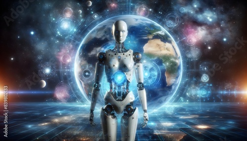 Robot standing in front of Earth with planets and galaxies in the background. Futuristic space concept. Artificial intelligence and technology for design and print. Cosmic scene.
