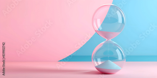 3D illustration of hourglass, blue and pink background