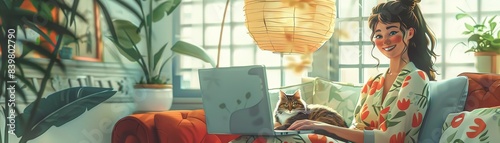 Playful Woman in Cat Pajamas using Laptop with Fluffy Cat in Japanese Living Room photo