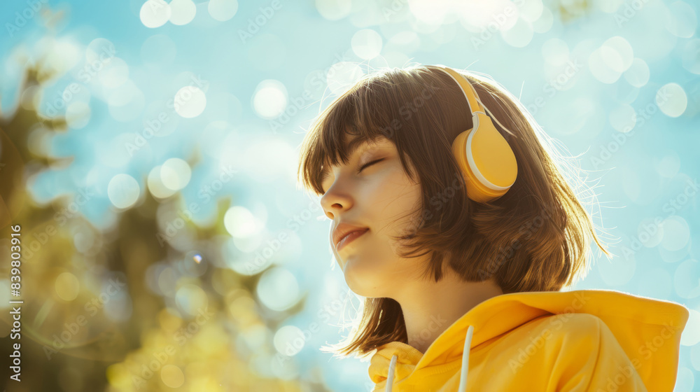 Cute young girl in yellow hoodie and big headphones on blue background Cute young girl in yellow hoodie and big headphones on blue background