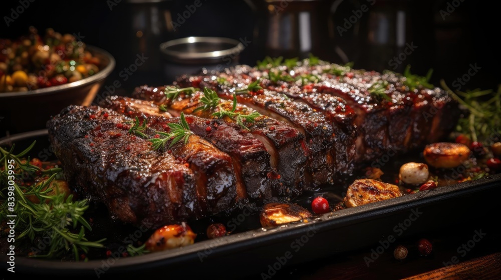 Realistic grilled barbeque with melted barbeque sauce and cut vegetables, black and blur background Realistic grilled barbeque with melted barbeque sauce and cut vegetables, black and blur background