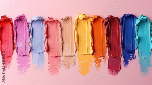 Colorful Makeup Mix: Swatches, Lipsticks, and Liquid Creams Splashing with Aesthetic Fun