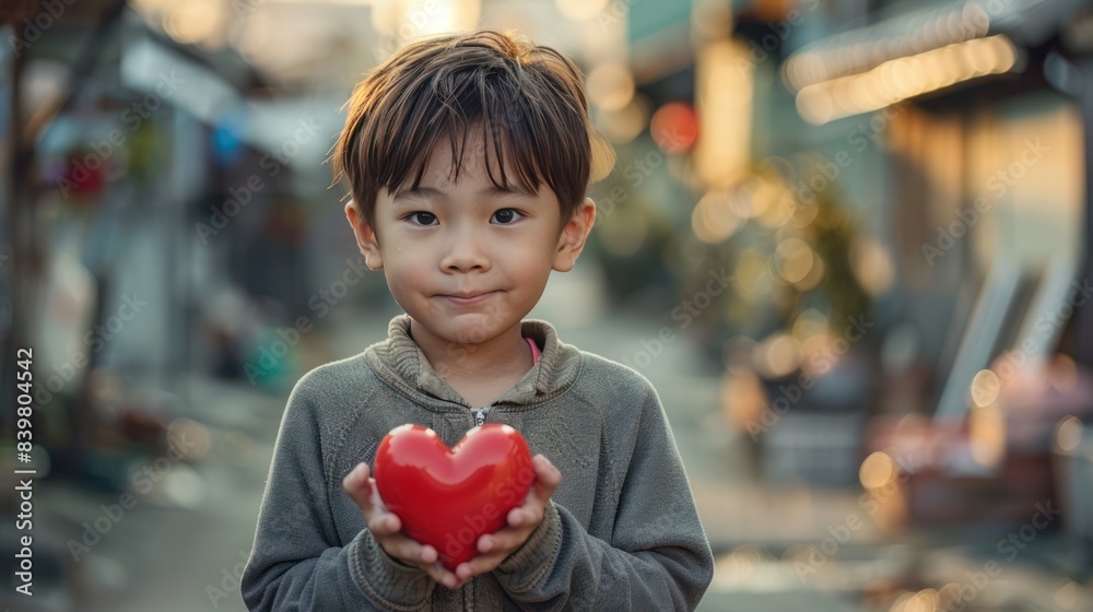 Little Boy Embracing Love and Social Responsibility with Red Heart: World Heart Day and Giving Tuesday Charity, Volunteering, Gratitude and Appreciation Concept Little Boy Embracing Love and Social Responsibility with Red Heart: World Heart Day and Giving Tuesday Charity, Volunteering, Gratitude and Appreciation Concept