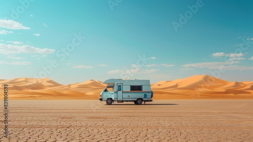 A white RV is parked in the desert