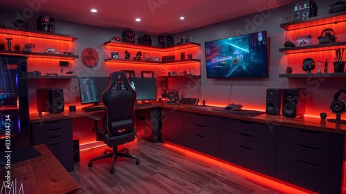 A computer gaming room with a red theme