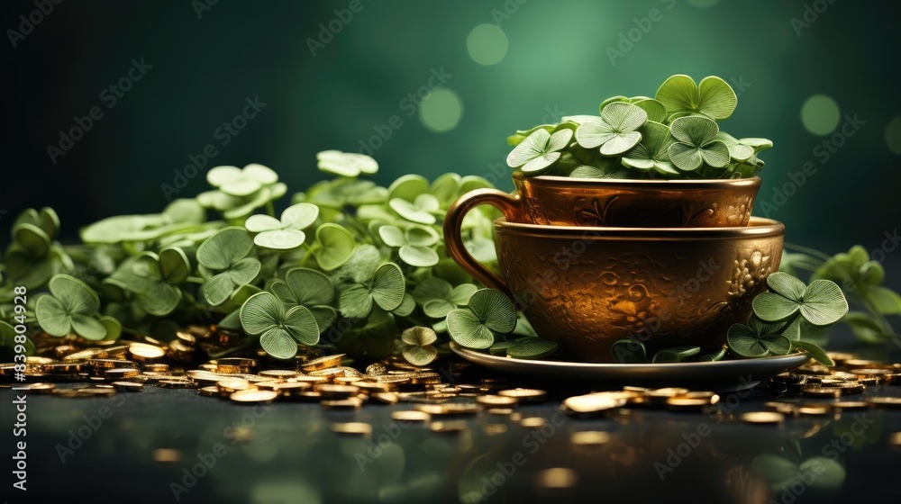 St Patrick's background with hat ornaments, gold coins and green leaves for banner or poster design St Patrick's background with hat ornaments, gold coins and green leaves for banner or poster design