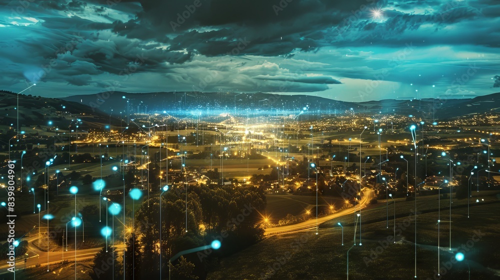 Fototapeta premium 5g connection revealed on smart countryside. Background for business dan technology digital