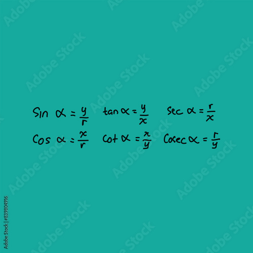 basic trigonometric formulas written in black ink. illustration of mathematical formulas in trigonometry and trigonometric identity sub-materials.