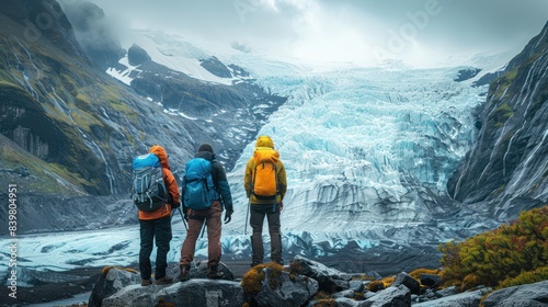 Mesmerized Hikers Gaze at Majestic Glacier Wall in the Mountains