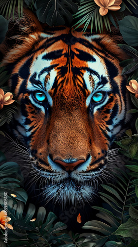 Tiger illustration, lush foliage, blue eyes