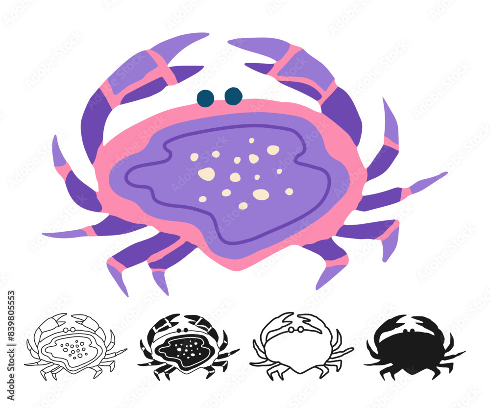 Sea crab cartoon hand drawn sign set. Ocean crab with claws swimming animal funny flat silhouette, symbol icon linear design. Comic exotic drawing for children. Stylized marine art vector illustration Sea crab cartoon hand drawn sign set. Ocean crab with claws swimming animal funny flat silhouette, symbol icon linear design. Comic exotic drawing for children. Stylized marine art vector illustration