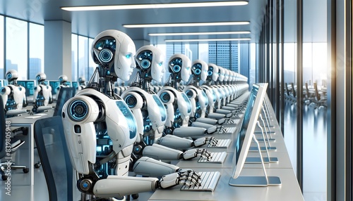 Robots working at computer stations in a modern office with large windows. Futuristic workspace. Artificial intelligence and technology for design and print. Office environment.