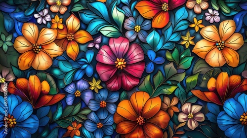 Kaleidoscopic Floral Patterns with Stained Glass Art for Vibrant and Creative Background Decoration