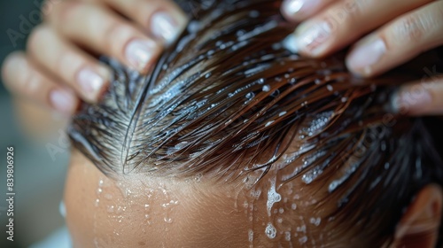 Close-up of a person washing hair with water and shampoo, emphasizing hair care routine and hygiene.