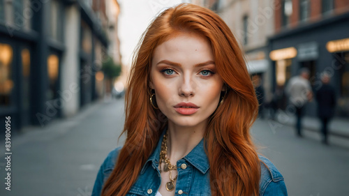 Stunning portrait of a beautiful redhead female influencer and model with gorgeous fierce red hair