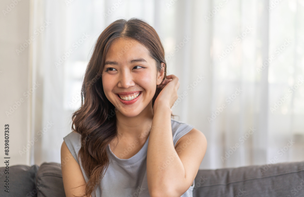 Portrait of smiling beautiful pretty asian woman clean fresh healthy white skin posing smile in pajamas white clothes, skincare, lady, model, cosmetic, fashion.Girl relax, enjoy at home.asia beauty Portrait of smiling beautiful pretty asian woman clean fresh healthy white skin posing smile in pajamas white clothes, skincare, lady, model, cosmetic, fashion.Girl relax, enjoy at home.asia beauty