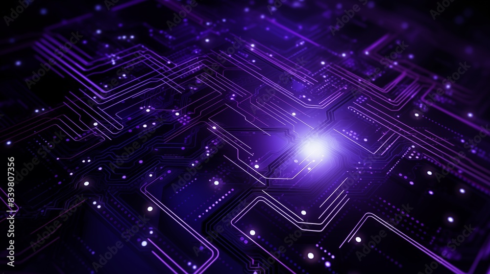 Obraz premium Glowing Purple Circuit Board with Complex Electronic Pathways and Connections.