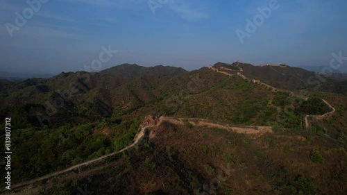 Aerial panoramic view of the Great Wall of China at Gubeikou Section at dusk photo