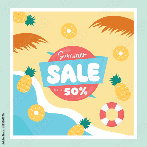 Summer sale banner vector illustration. pattern pineapple cfruit and beach poster sale concept.hello summer sale photo