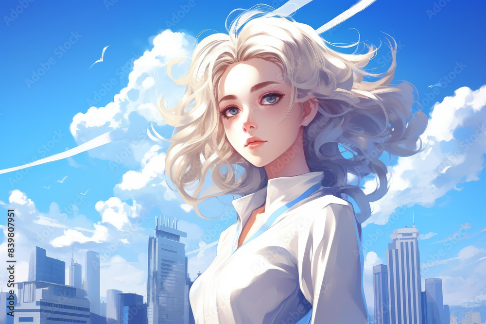 Creative digital art depicting a girl on a city rooftop, surrounded by buildings and clouds, embodying a sense of thinking and zen. Creative digital art depicting a girl on a city rooftop, surrounded by buildings and clouds, embodying a sense of thinking and zen.