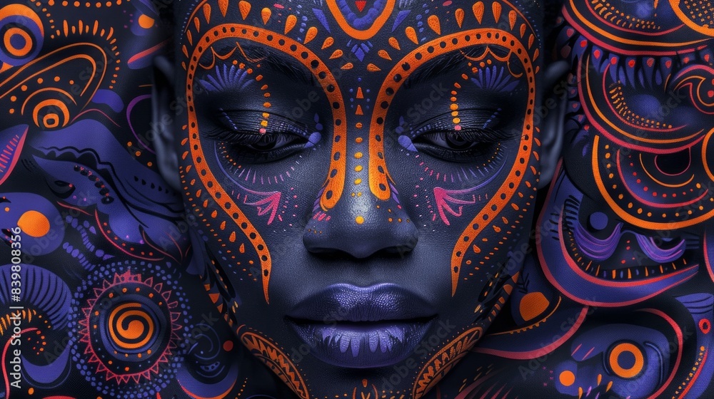 An African mask with a purple background and intricate patterns. The striking contrast between the mask and background enhances the cultural significance and artistic details of the mask. An African mask with a purple background and intricate patterns. The striking contrast between the mask and background enhances the cultural significance and artistic details of the mask.