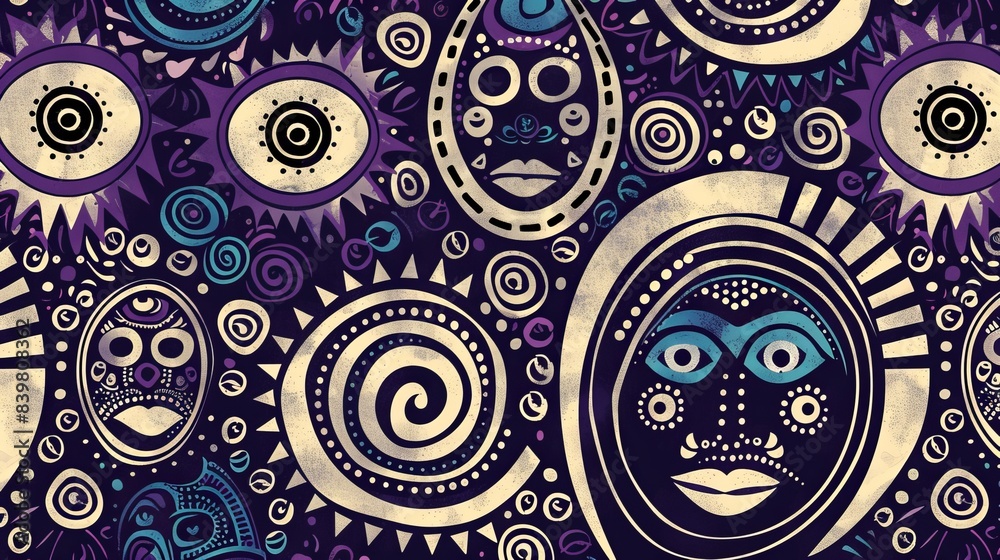 An African mask with a purple background and intricate patterns. The striking contrast between the mask and background enhances the cultural significance and artistic details of the mask.