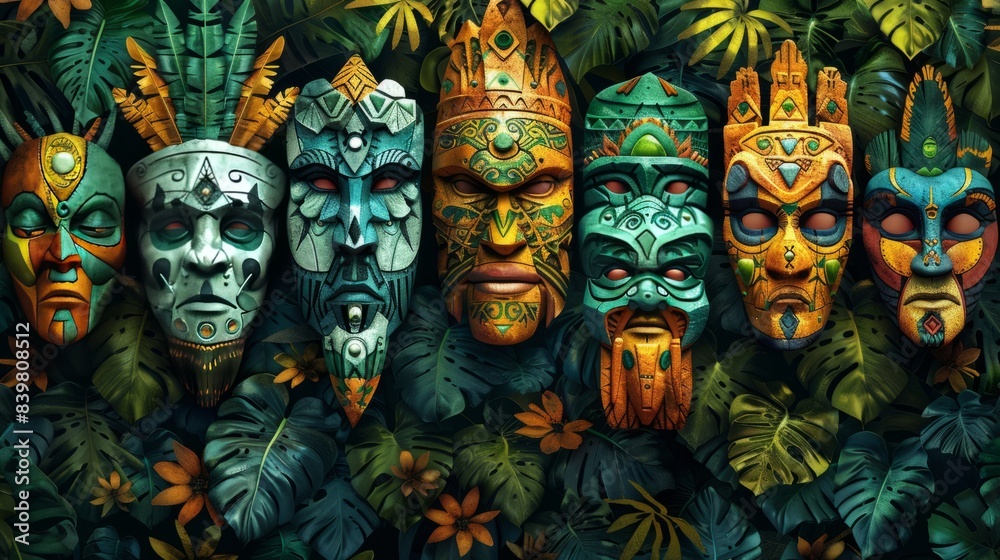 Fototapeta premium The background pattern features yellow, green, and blue tribal masks. The bright colors and intricate designs of the masks create a lively and cultural backdrop.
