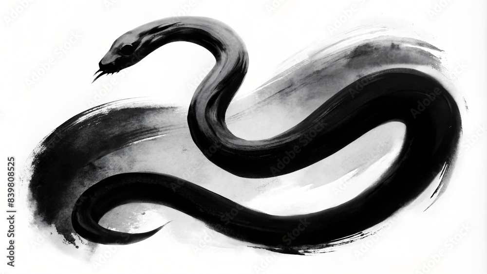 Naklejka premium A black serpent illustration, with a focus on the contrast between the black creature and the white background in brush painting style