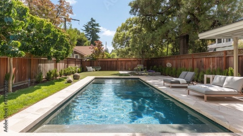 Fenced backyard with small beautiful swimming pool