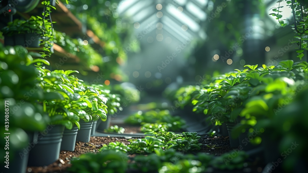 Indoor Greenhouse with Young Plants. Close-up of young plants growing in an indoor greenhouse, bathed in soft, natural light, showcasing healthy green leaves. Indoor Greenhouse with Young Plants. Close-up of young plants growing in an indoor greenhouse, bathed in soft, natural light, showcasing healthy green leaves.