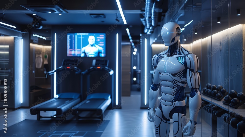 Cutting-edge fitness center with robotic trainers and holographic workout routines Cutting-edge fitness center with robotic trainers and holographic workout routines
