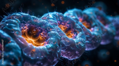 Colorful Microscopic Cells in Chain Formation. Detailed microscopic image of colorful cells linked in a chain formation, showcasing intricate cellular structures and vibrant colors.