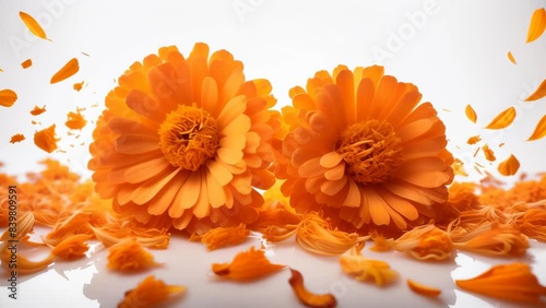 Two vibrant orange marigolds lying on a white surface, surrounded by scattered petals. The bright orange hues and lush petals evoke a sense of energy and vitality.