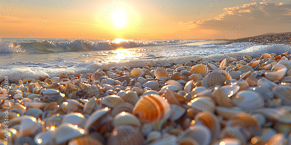 Sea water, sand and sea shells as background. Summer beach. Summer background.