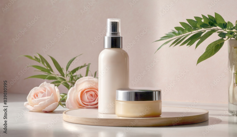 Skincare products shot of face cream set on pedestal. Cream product display Skincare products shot of face cream set on pedestal. Cream product display